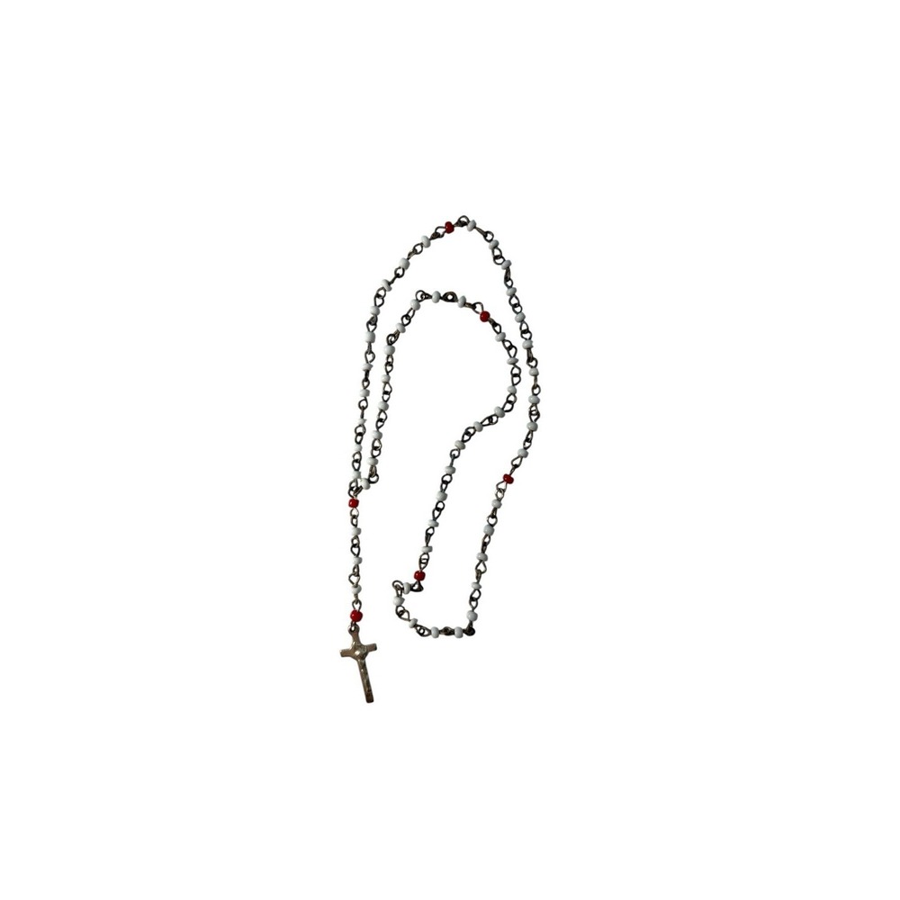 Vintage Silver Tone Red White‎ Bead Dainty Religious Christianity Cross Rosary